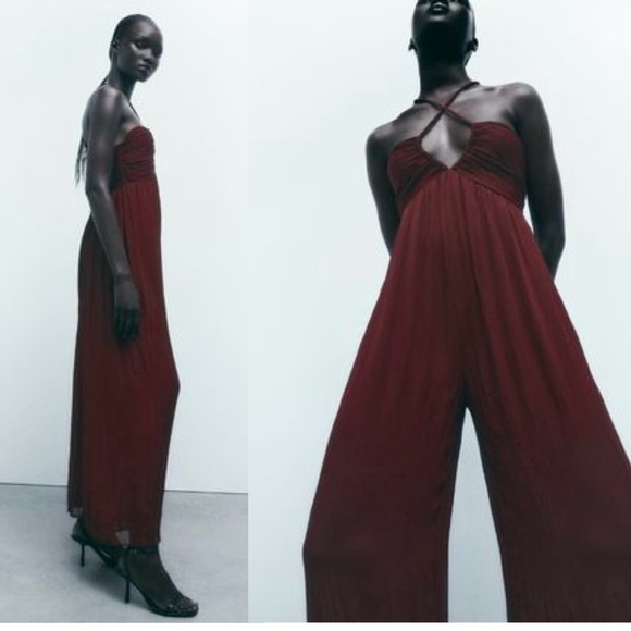 Zara burgundy V-neck crisscross spaghetti strap wide leg jumpsuit Sz S NWT - Picture 4 of 16